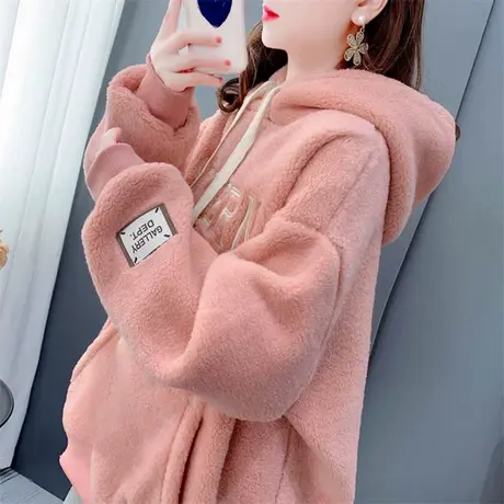 羊羔毛刺绣连帽卫衣女加绒加厚2023秋冬新款韩版宽松百搭上衣外套商品大图