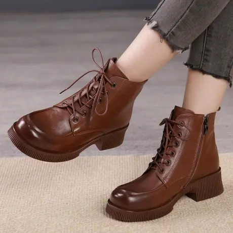 2023真皮加绒新款大码马丁靴女41一43春季复古短靴厚底粗跟42皮靴商品大图