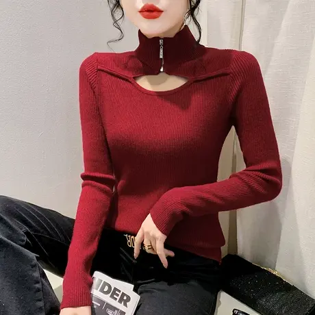 性感镂空针织长袖女装半高领拉链拼接毛衣洋气修身内搭套头打底衫图片