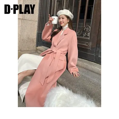 DPLAY2023冬轻奢重磅殿堂级橘粉色金属扣袢重工拱针双面呢大衣图片