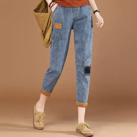韩潮袭人松紧腰休闲刺绣九分牛仔裤女2023夏新款贴布宽松哈伦裤薄图片