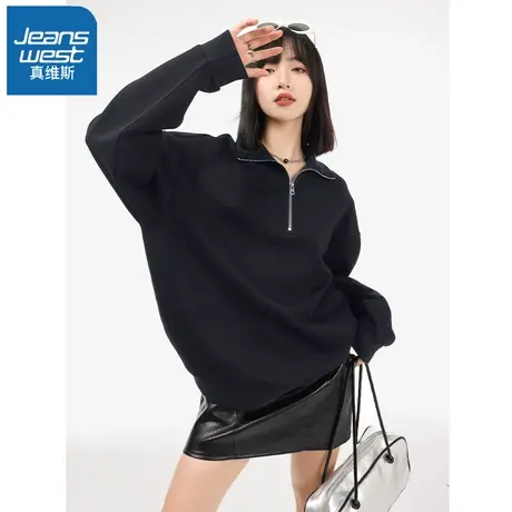 VR真维斯polo领卫衣女2023新款爆款春秋季美式复古半拉链翻领外套图片