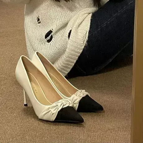 高跟鞋女细跟2023秋新款尖头时尚百搭拼色法式浅口单鞋女小香风图片