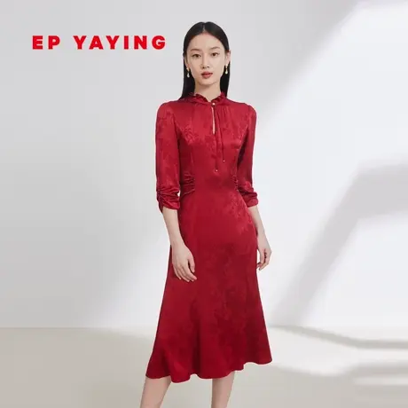EP雅莹国风 新中式真丝立领新年红收腰连衣裙 2024春装新款4663A图片