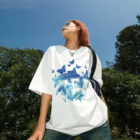 YEP蝴蝶印花短袖T恤女2023年新款夏季美式复古半袖宽松情侣装上衣商品大图