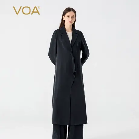 VOA30姆米重磅桑蚕丝藏青色V领长袖单粒扣通勤风中长真丝风衣外套商品大图