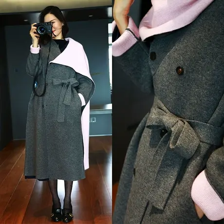 2023秋冬设计师新款女装法式优雅高级山羊绒系带毛呢大衣图片