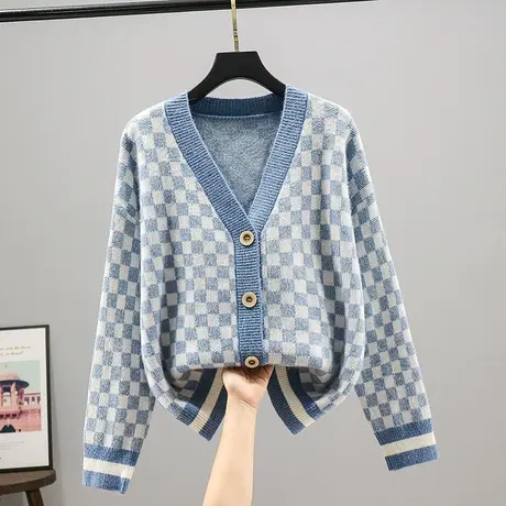 开衫女士格子2023春秋新款韩版宽松针织衫毛衣宽松外套V领上衣女商品大图