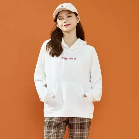 真维斯Z+女装 美式复古撞色字母印花连帽卫衣宽松上衣外套X图片