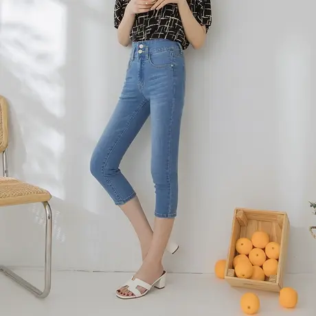 桔熊夏季七分牛仔裤子少女复古抓纹收腹高腰修身小脚裤大码BA5471图片