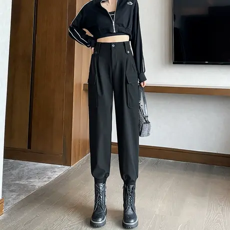 黑色工装裤女2024春秋高腰直筒宽松束脚裤显瘦萝卜哈伦小个子女裤图片
