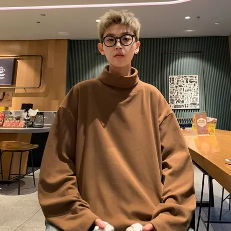 春秋季可翻高领长袖T恤男纯色ins休闲德绒潮流港风宽松情侣打底衫商品大图