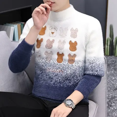 青少年水貂绒毛衣男冬季打底衫加绒加厚羊绒衫初高中学生保暖上衣商品大图