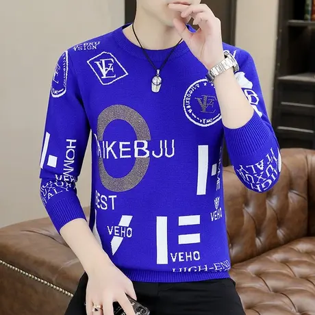 秋冬季新款圆领提花字母烫钻毛衣男韩版潮流长袖针织打底衫毛线衣商品大图