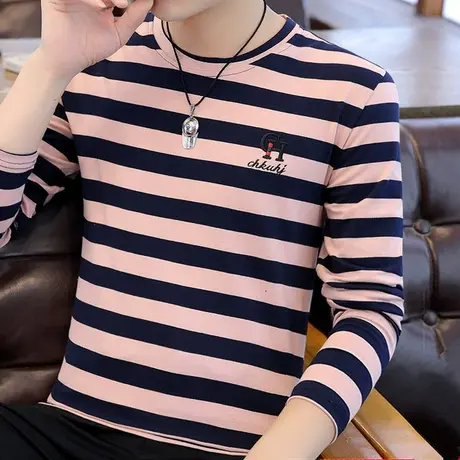 男士长袖T恤秋季百搭圆领体恤上衣服棉感条纹秋衣打底衫图片