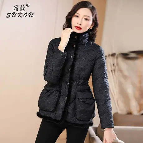 黑色带毛条轻薄羽绒服保暖外套女收腰显瘦白鸭绒棉服2024冬装新款商品大图