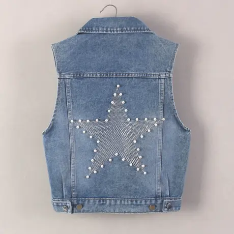 牛仔马甲女短款背心宽松春秋新款大码无袖外套显瘦外搭钉珠五角星商品大图
