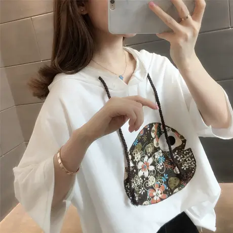 贴布花设计感白色t恤女2023夏季新款短袖连帽上衣宽松半袖体恤衫商品大图