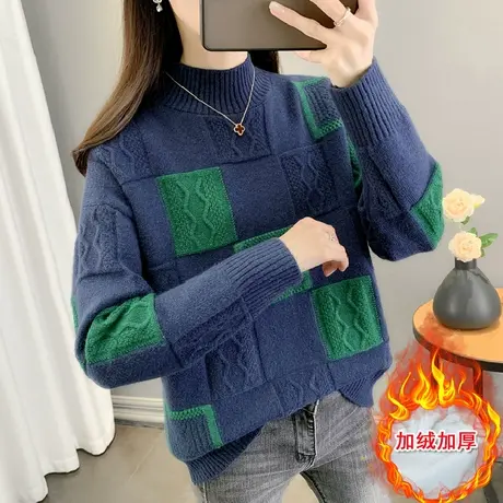 半高领毛衣女秋冬加绒加厚2024新款洋气内搭拼色时尚打底针织衫潮图片