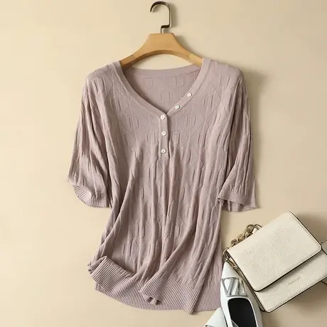 冰丝针织衫短袖t恤女2024年春夏新款V领宽松显瘦薄款打底衫女上衣图片
