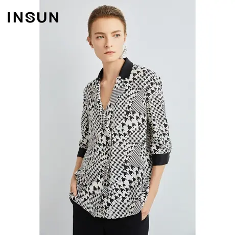 恩裳奥莱春季秋季双排扣千鸟格印花真丝衬衫图片