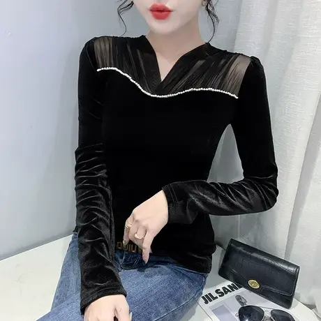 网纱拼接丝绒上衣女性感镂空V领T恤长袖内搭洋气修身打底衫秋冬潮商品大图