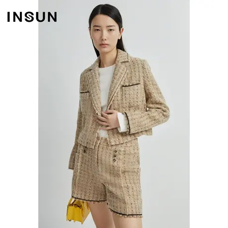 恩裳奥莱冬季格纹西装领宽松短款粗花呢小香风外套图片