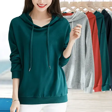 绿色连帽卫衣女宽松显瘦减龄纯色春秋季常规基础款套头棉质打底衫商品大图