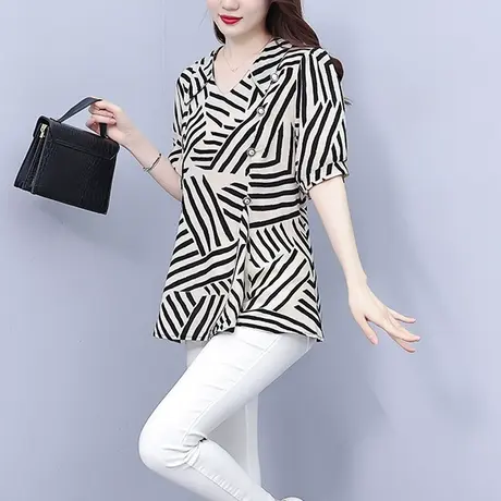 女士短袖衬衫2023夏季新款V领宽松显瘦遮肉胖MM大码V领条纹衬衣女商品大图