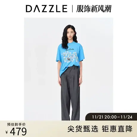 DAZZLE地素奥莱 春季蓝色宽松小众纯棉刺绣印花短袖T恤上衣女图片