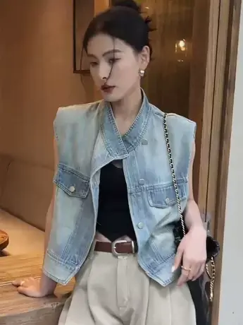 2023初秋新款洋气做旧外穿牛仔马夹女短款小个子立领薄款无袖背心商品大图