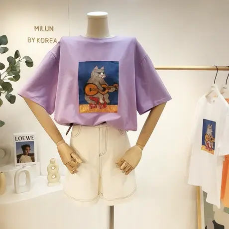 紫色T恤2021夏装韩国东大门ins油画风复古短袖设计感宽松大码休闲图片