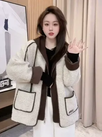 设计感撞色洋气时尚毛呢外套女秋冬新款宽松百搭假两件休闲上衣潮图片