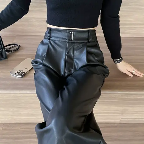 黑色直筒皮裤女2023秋冬新款高级感软PU皮高腰垂坠显瘦休闲阔腿裤商品大图