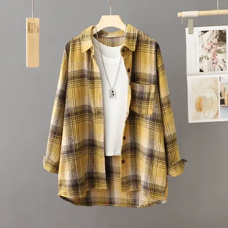 春秋黄色格子衬衫女式外套长袖宽松休闲前短后长衬衣中长款开衫潮图片