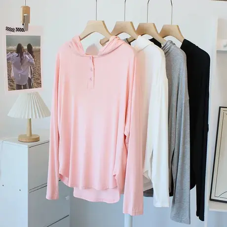 设计感柔软莫代尔t恤女春秋夏宽松长袖连帽防晒衣运动瑜伽舞蹈服图片