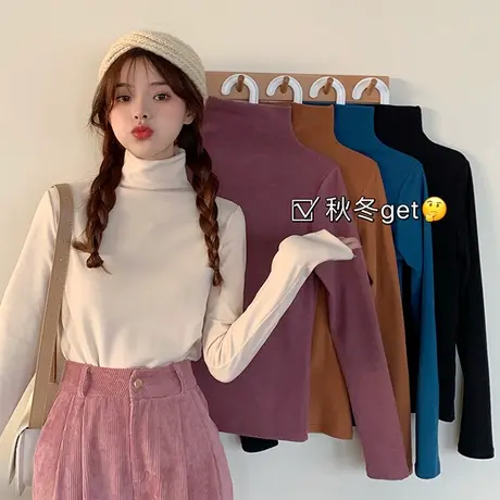ins潮高领打底衫女德绒秋冬加绒加厚堆堆领宽松保暖t恤内搭上衣商品大图
