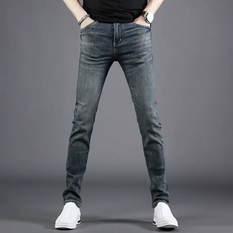 欧版怀旧复古蓝色牛仔裤男款秋季2024新款修身小脚弹力男士长裤子图片