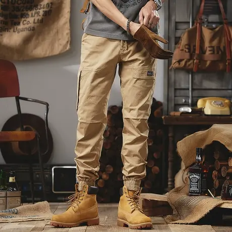 男士卡其色工装裤男宽松直筒2023年新款潮牌男士休闲多口袋长裤子商品大图