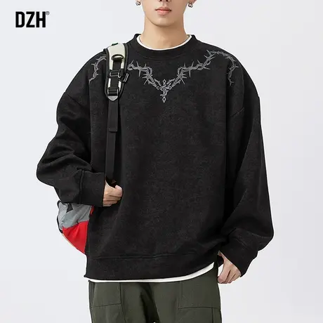 男士美式黑色高街卫衣潮牌男春秋季2023新款圆领宽松长袖秋款外套商品大图