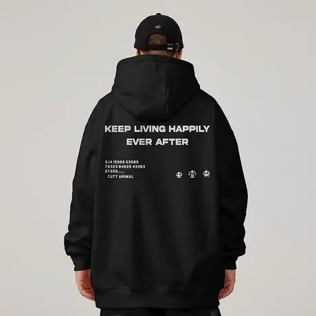 黑色oversize港风连帽卫衣潮牌大码男装秋冬款加绒嘻哈胖男生外套图片