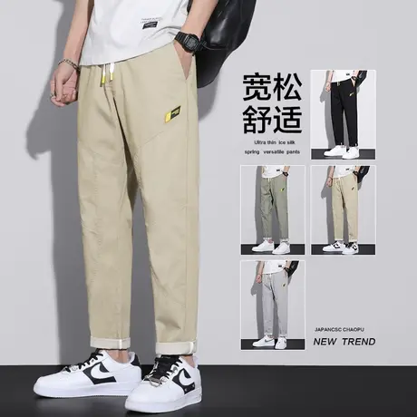 卡其色九分工装休闲裤男士直筒宽松紧腰夏天男款青少年夏季轻薄款商品大图