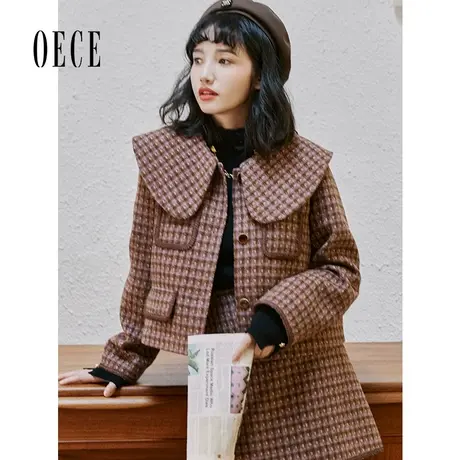 Oece复古毛呢外套2022秋冬季新款女装气质大翻领减龄格子呢子大衣商品大图