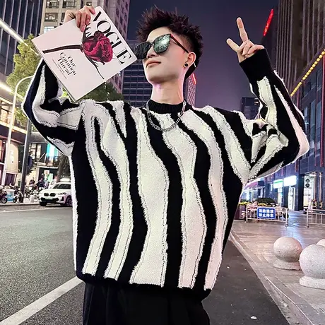 毛衣男宽松加厚秋冬季新款个性潮牌竖条斑马纹线衣轻熟打底针织衫商品大图