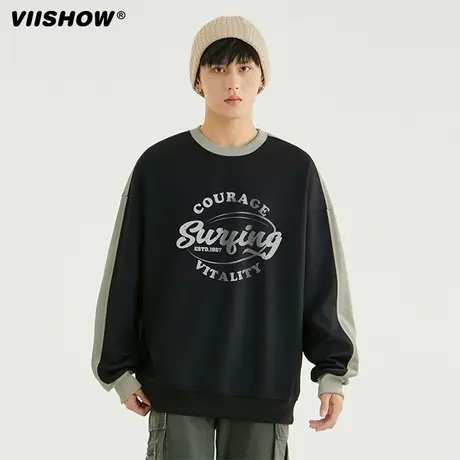 VIISHOW圆领卫衣男士秋冬季重磅宽松加厚插肩袖撞色拼接条纹上衣商品大图