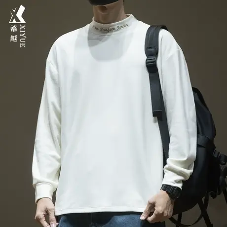 重磅刺绣德绒半高领长袖T恤男2023秋冬款宽松大码男士百搭打底衫商品大图