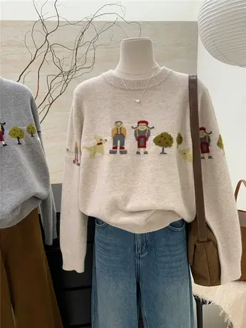 2024秋冬新款宽松卡通图案羊毛加厚针织衫毛衣女士打底套头上衣服商品大图
