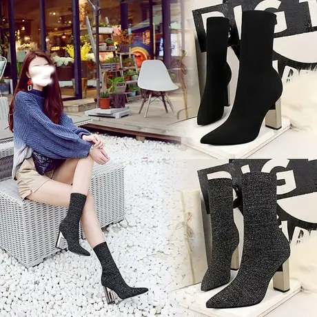 绒面瘦瘦靴女2024年新款秋冬弹力中筒靴时尚粗跟尖头袜靴高跟短靴商品大图