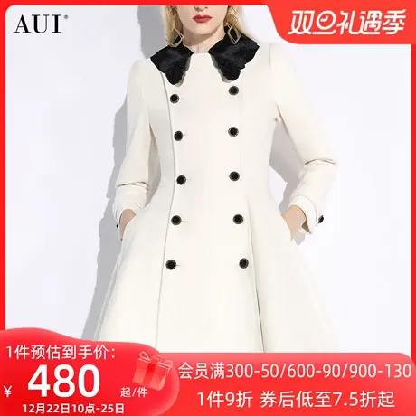AUI杏色POLO领中长款毛呢外套女冬2023新款御姐气质收腰呢子大衣商品大图