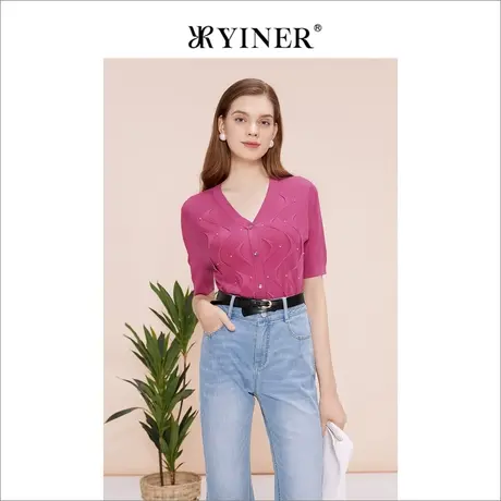 YINER音儿线上专选女装2023夏季垂感V领短袖针织衫玫红上衣商品大图